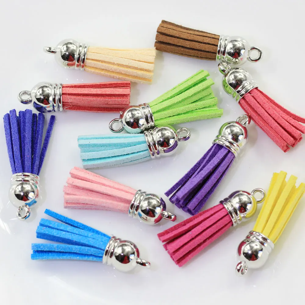 

Assorted Colors 36mm Faux Suede Leather Tassel with Gold Bronze Top for Keychain Cellphone Straps Jewelry Charms