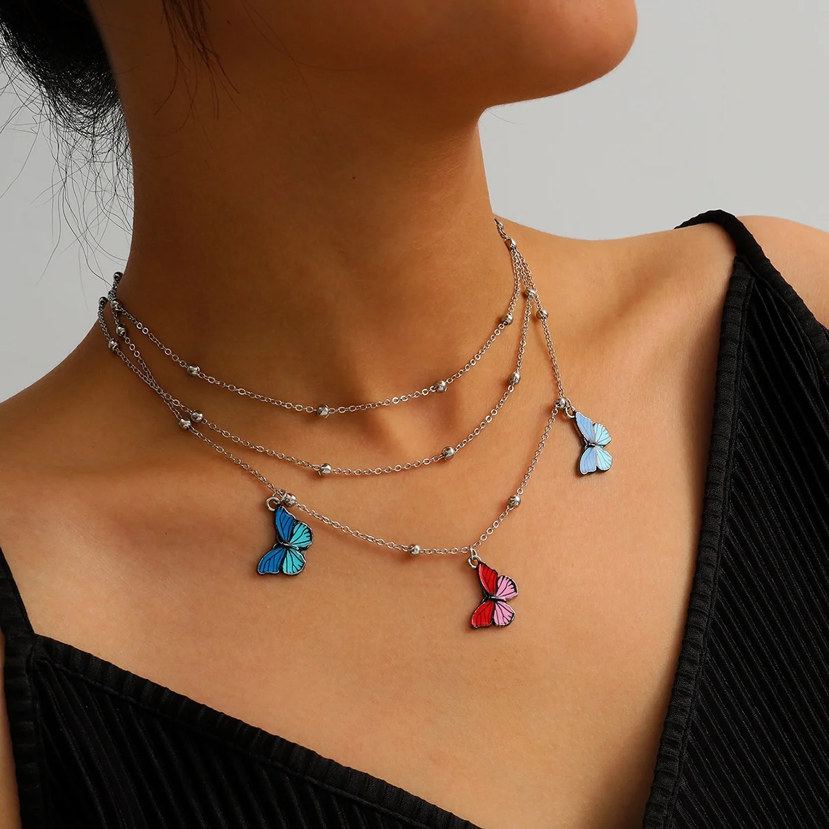 

Vintage Multilayer Copper Beads Chains Colorful Butterfly Pendant Necklace Women Fashion Geometric Necklace Jewelry, Picture shows