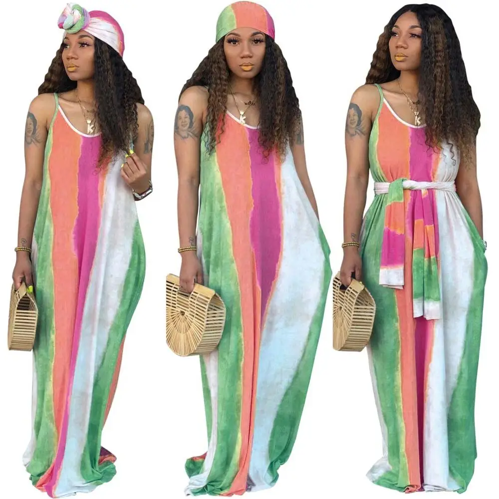 

with belt spaghetti straps tie dye plus size summer beach dress, Purple, yellow, orange, blue, green