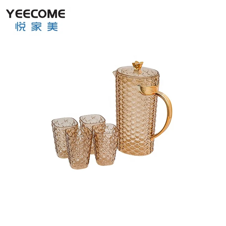 

Plastic Kettle Drinkware Yeecome Brand Gold Plated Handle Transparent Fish Scale Water Jug Set With 4 Pcs Cup