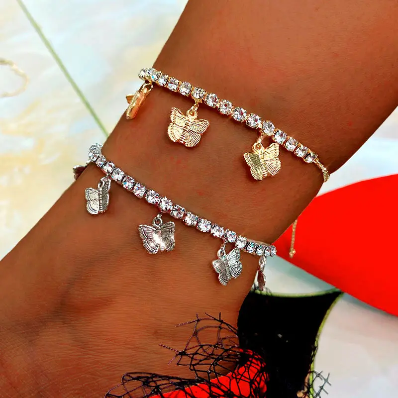 

2020 Fashion Sexy Foot jewelry Shiny Gold Silver Color Crystal Tennis Chain Anklets For Women Charm Metal Butterfly Anklet