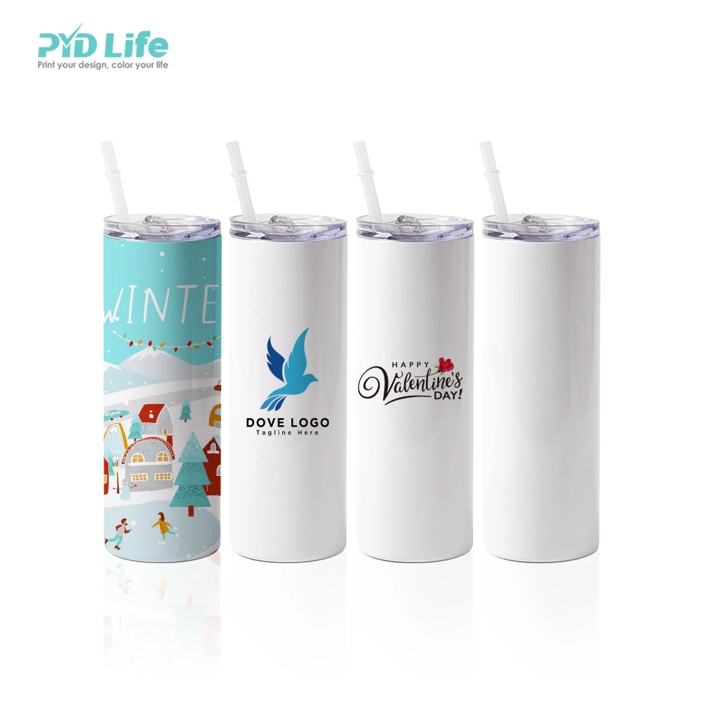 

PYD Life Hot Sale RTS Free Shipping DDP Stainless Steel White Tumbler 20 oz Straight Skinny Sublimation Blanks Skinny Tumbler