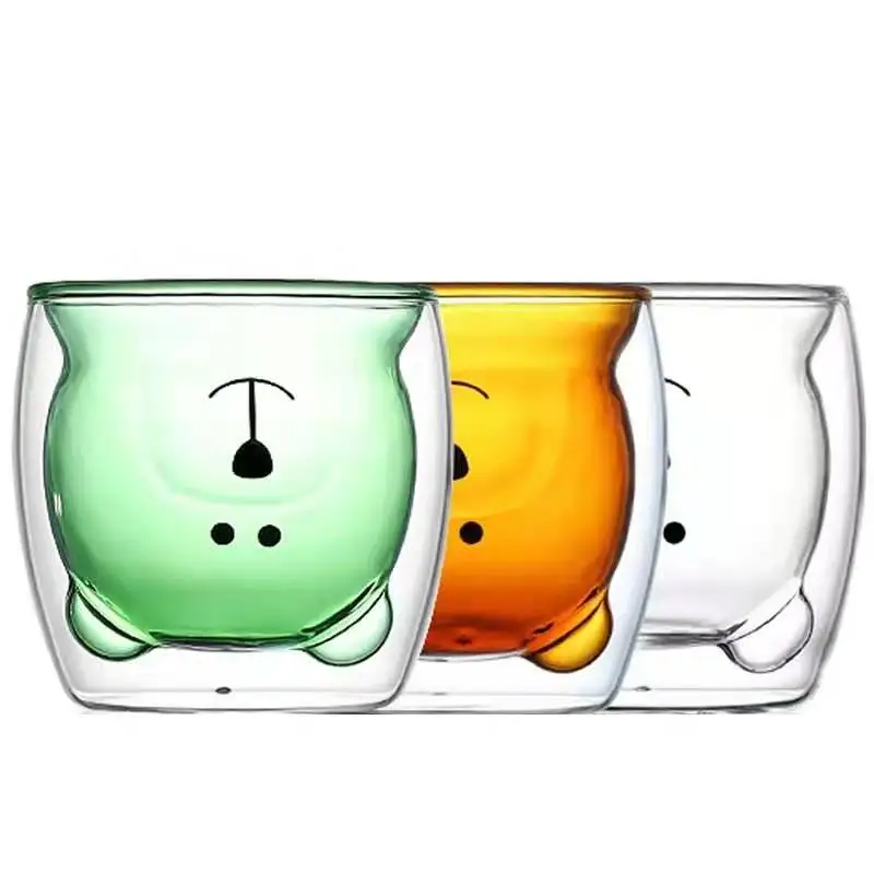 

Cute clear cartoon double wall glass milk cup glass coffee cup