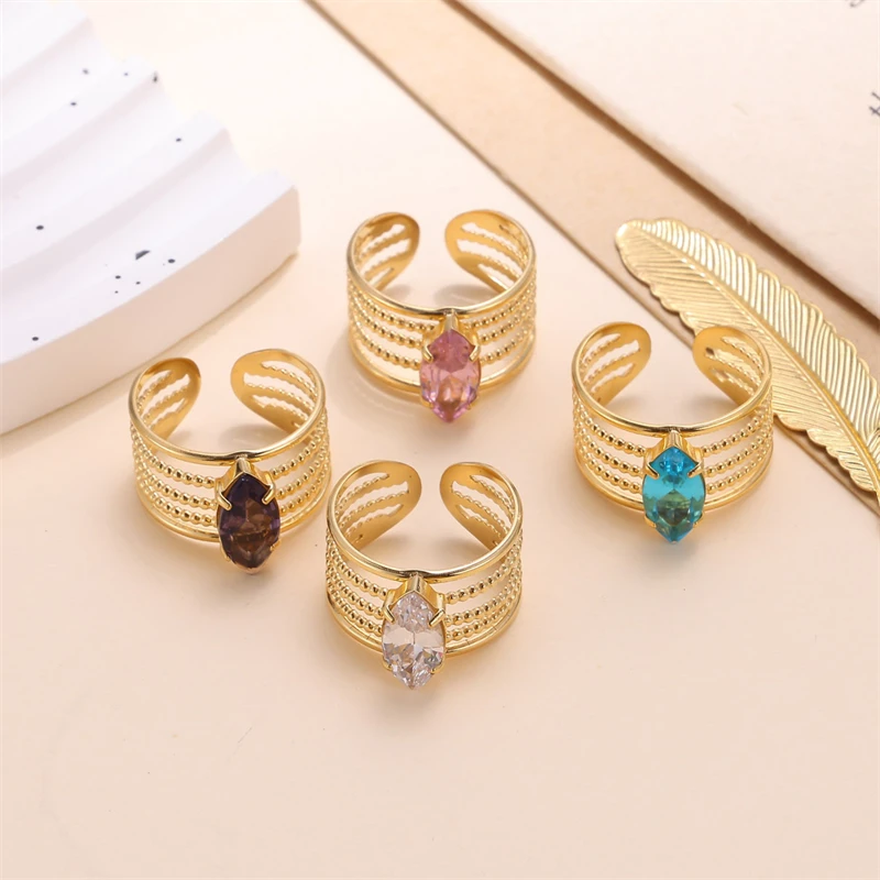 

Exaggerated 18k Gold Plated Women's Wedding Ring Stainless Steel Waterproof Colorful Zircon Simple Gift Fashion Jewelry Ring