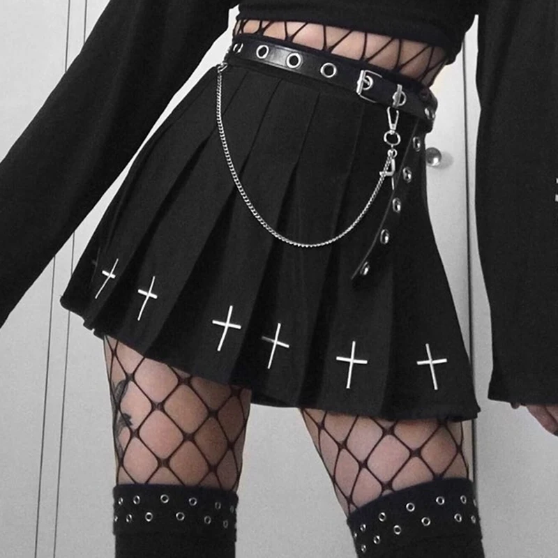 

Goth High Waist Mini Black Skirts Gothic Streetwear Cross Print Pleated Women Skirts Casual College Lolita Harajuku Skirt #0943