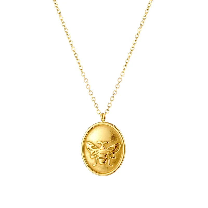 

18K Gold Plated Stainless Steel Chain Link Oval Butterfly Bee Pendant Necklace