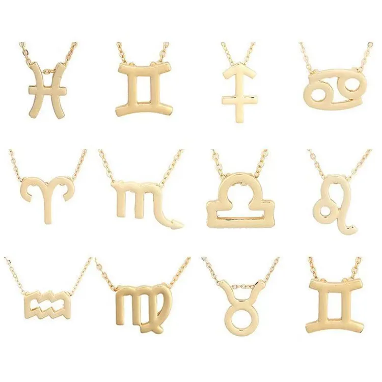 

12 Zodiac Sign Pendant Necklace Stainless Steel Gold Plated Personalized Name Old English Necklace Custom, Picture shows