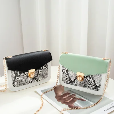 

G182 Women's Fashionable New Designer Snake Skin PU Leather Mini Shoulder Bag Chain Color Contrast Small Mobile Phone Money Bag, Green,pink, brown, black