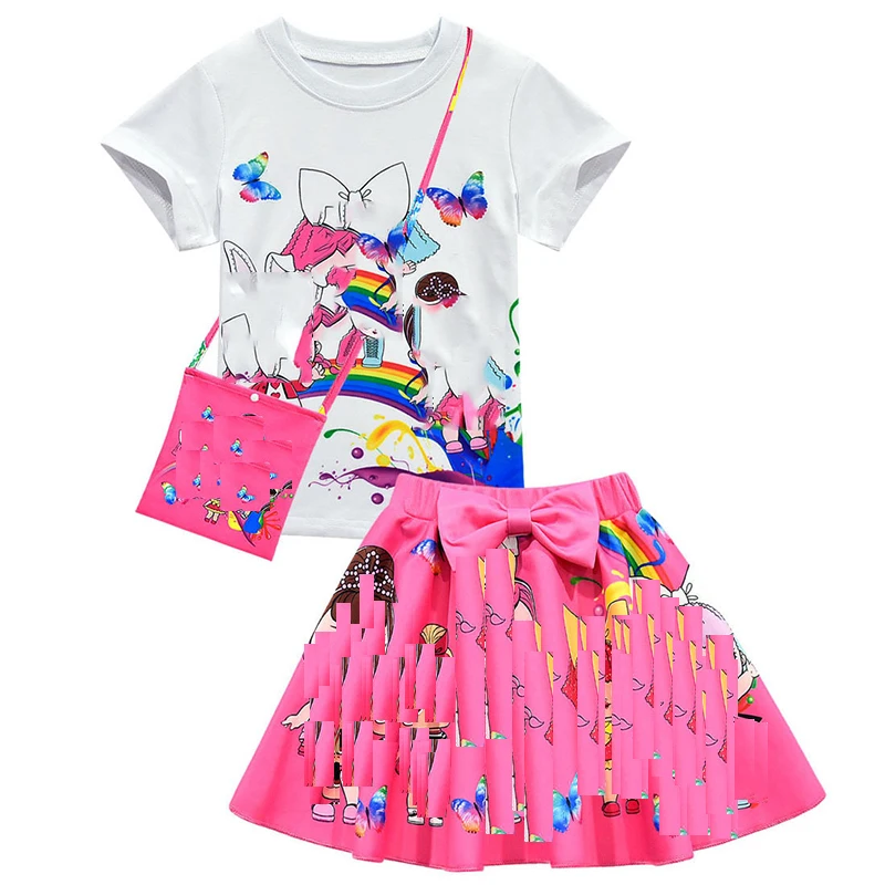 

New arrive short sleeve print white top short skirts summer kids boutique girls clothing sets, As picture show