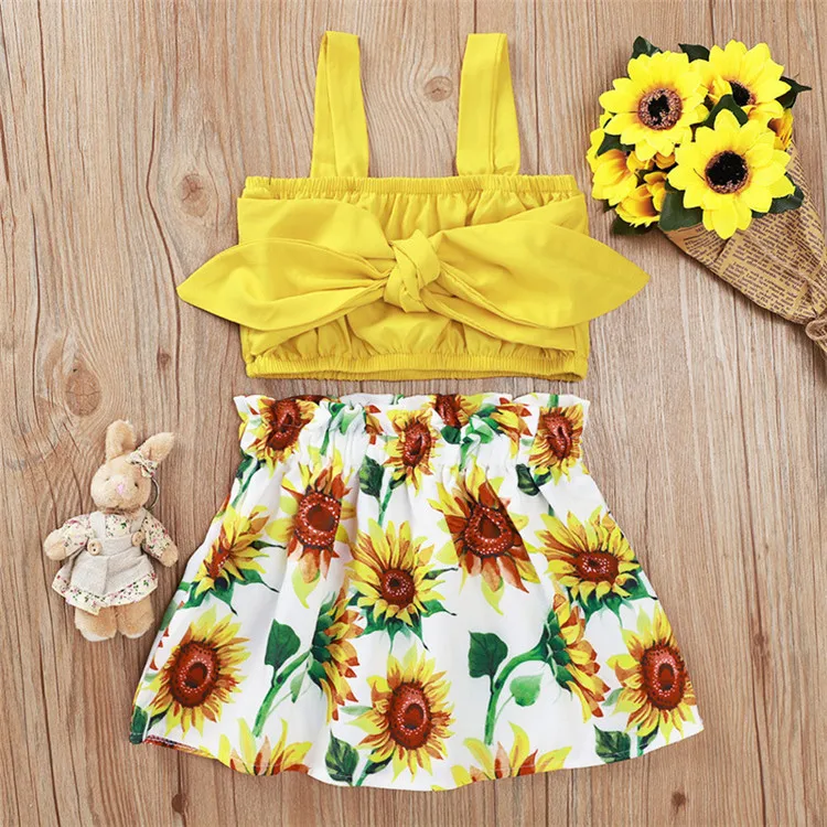 

summer Girl Children clothes yellow Sleeveless top + flower 2pcs for Girls Fashion Girls Clothing