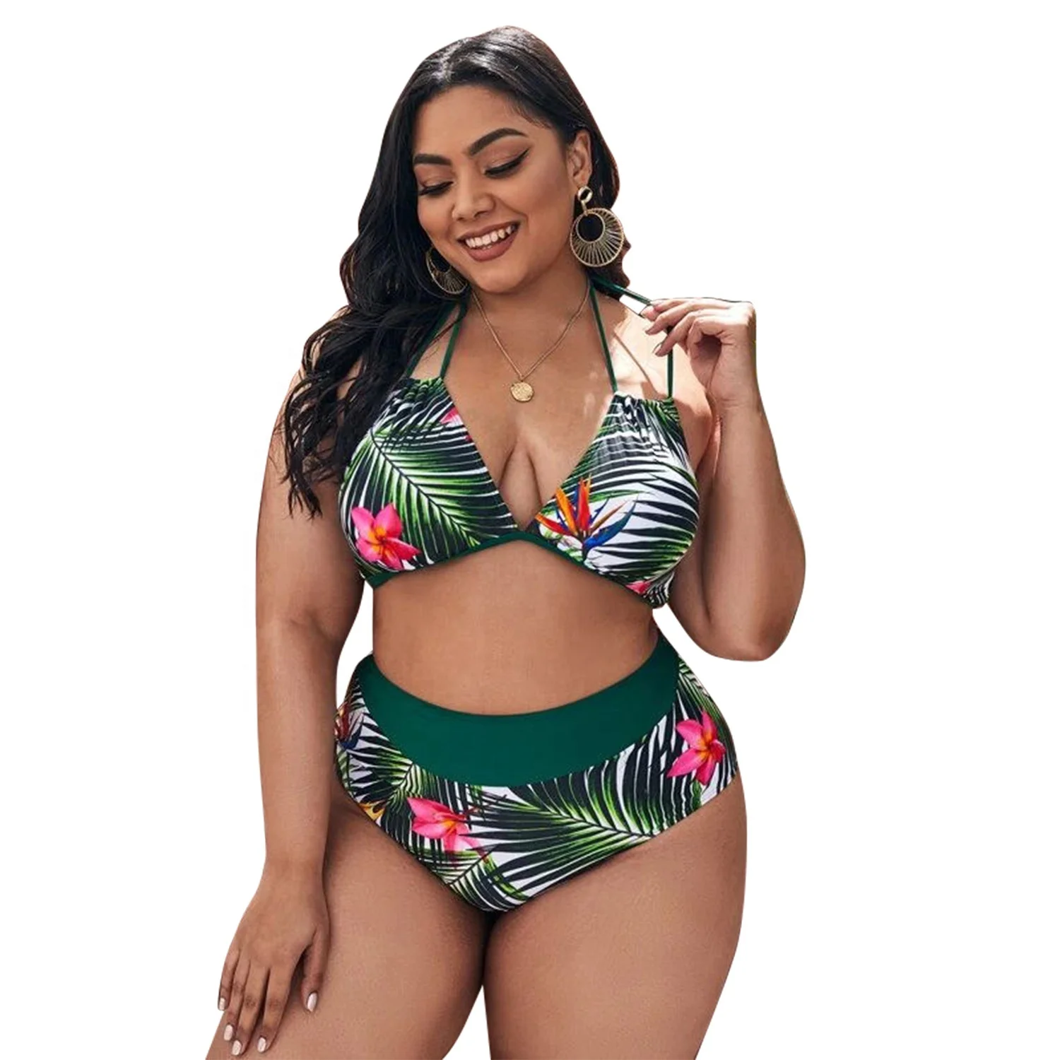 

2021Sexy split large swimsuit floral printed two piece high waisted bikini set bathing suits women swimwear for plus size