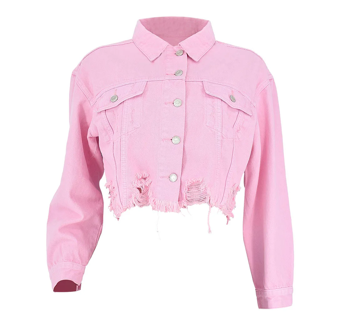 

Autumn spring style women's pink short denim jacket hot sale new fashion distressed bottoming women's jeans jacket