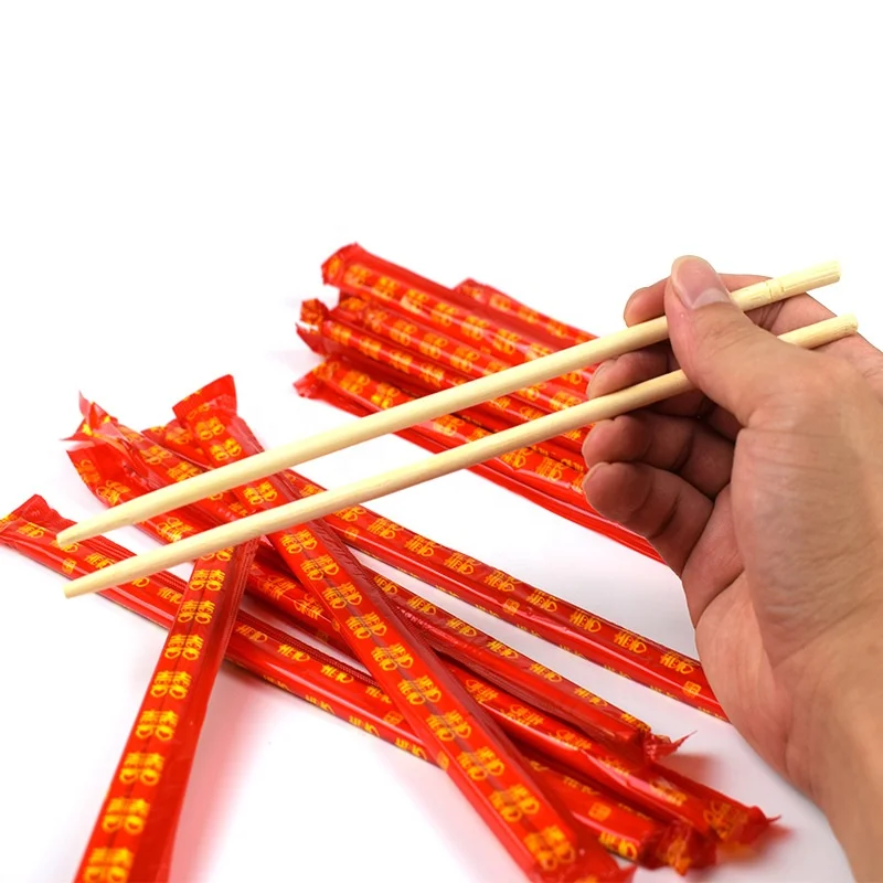

DIY Chinese Wholesale Wedding PET PE Opp Bbag Packing Wrapped Pack Bamboo Round Disposable Chopsticks in red sleeve for sale