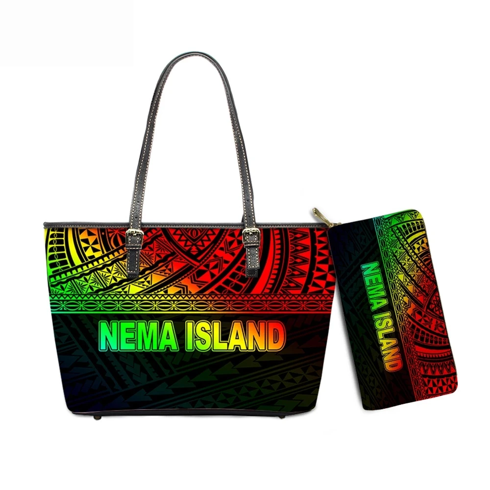 

Fashion Women 2pcs Set Handbag Gradient Color Nema Island Polynesian Tribal Printing Ladies PU Leather Totes Hand Purses Bag