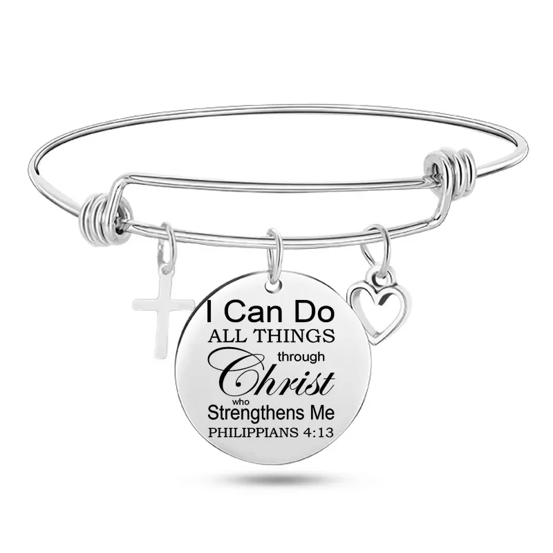 Stainless Steel Christian Jewelry Heart Cross Bible Verse Charm Bracelet Bangle