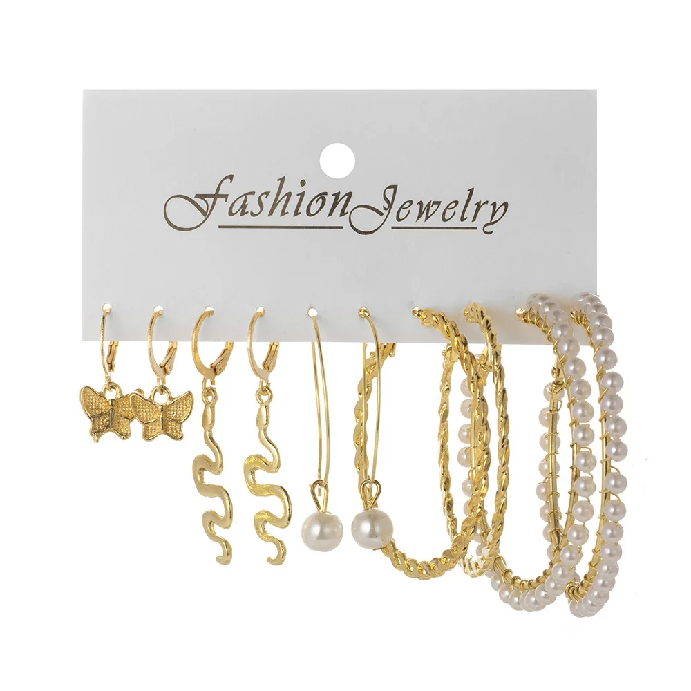

2021 Hot Sale Retro Simple Alloy Butterfly Pearl Pendant Snake 5 Pairs Earring Set for Women