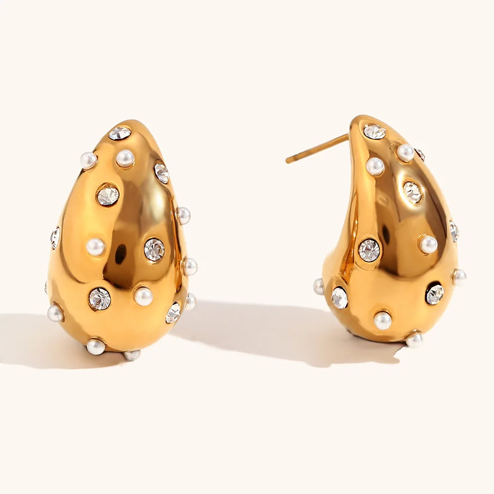 

ERESI Hypoallergenic Geometric Stainless Steel Water Drop Pearl Earrings Jewelry 18K Gold Plated Chunky Hoop Earrings for Women
