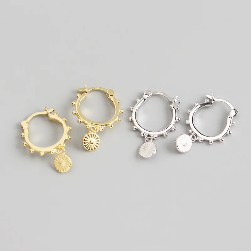 New Fashion Fine Jewelry 925 Sterling Silver Ball Bead Hoop Earrings with Small Circle Coin Retro Gold Plated Earrings for Women