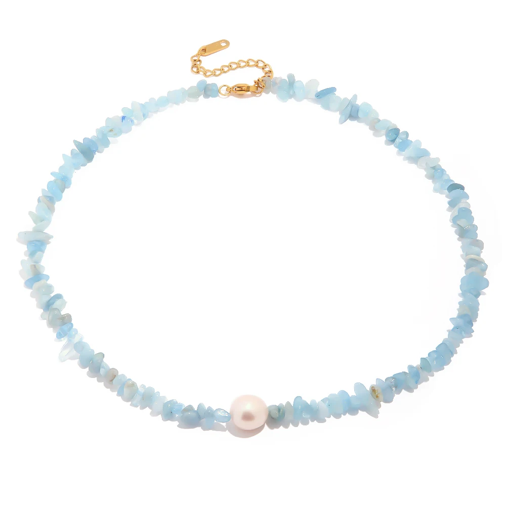 

New Trendy 18K Gold Plated Stainless Steel Jewelry Natural Stone Navy Imitation Pearl Choker Necklace