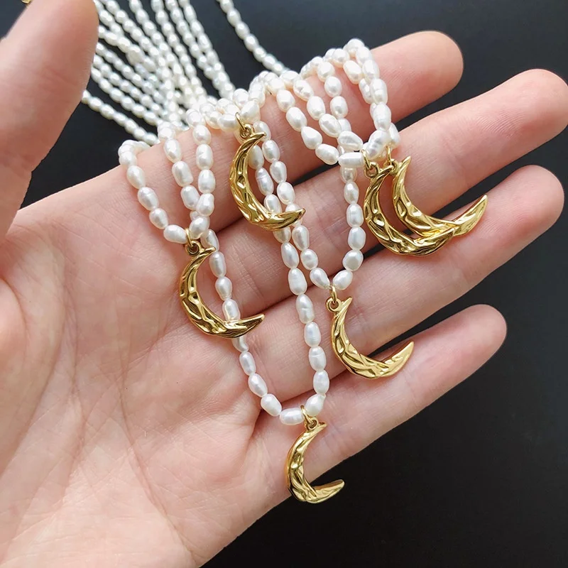 

High end 18K gold plated natural freshwater rice bead pearl folds crescent moon handmade stainless steel necklace