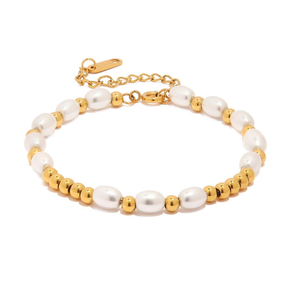 

Luxury 18K Gold Plated Stainless Steel Jewelry Gift Bead Chain Glass Pearl Bracelet for Women