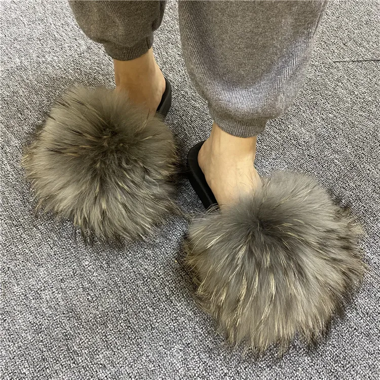 

Indoor pvc sole raccoon furry fur slides sandal colorful 100% fluffy raccoon fur slipper for women, Customized color