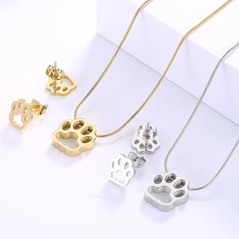 

Customizable Stainless Steel Jewelry Gold Silver Plated Pet Paw Dog Cat Footprints Necklace and Earring for Pet Lovers Gifts