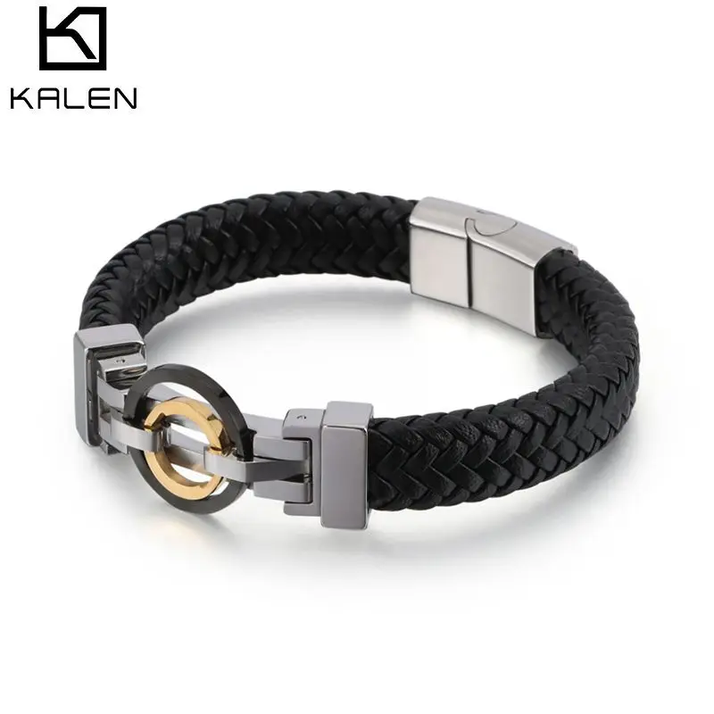 

KALEN IP Gold Black Round Charm Leather Bracelet For Men