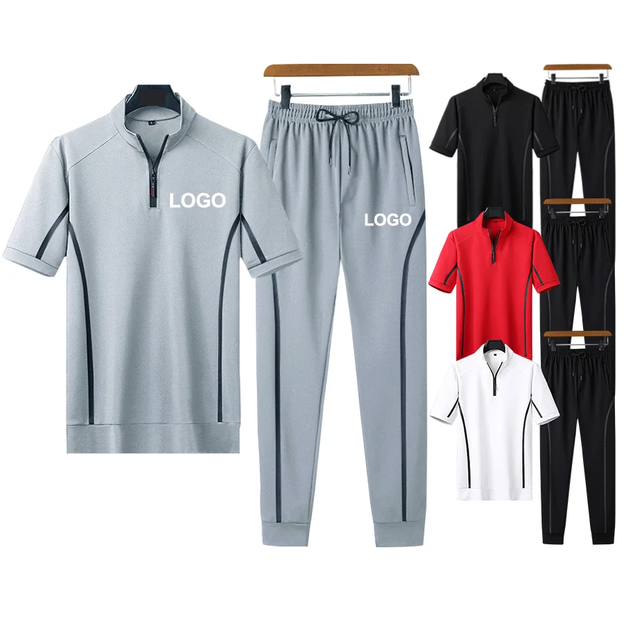 

2021 summer casual  oversized sport stand collar shirt jogging suit men clothing two piece jogger pant set, 4 colors or oem color