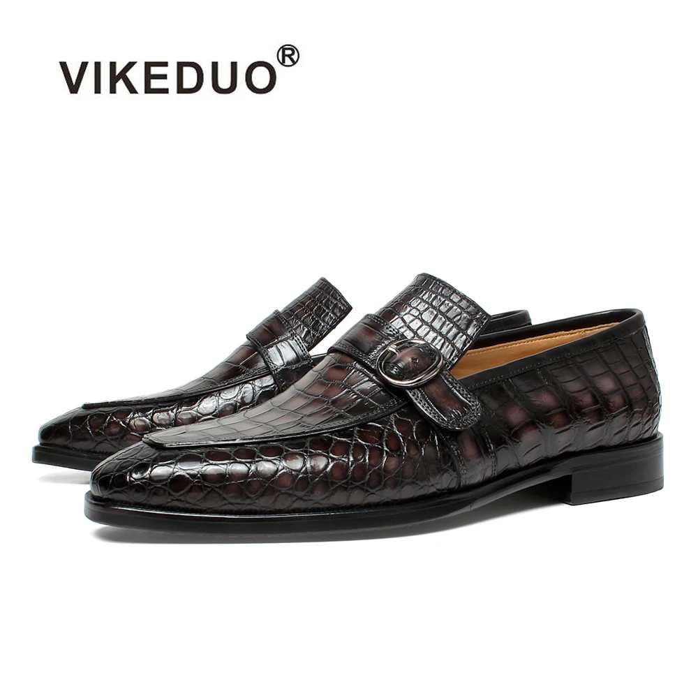 

Vikeduo Hand Made Single Buckle Monk Strap Without Lace Dark Brown Crocodile Official Leather Shoes For Men, Jacinth