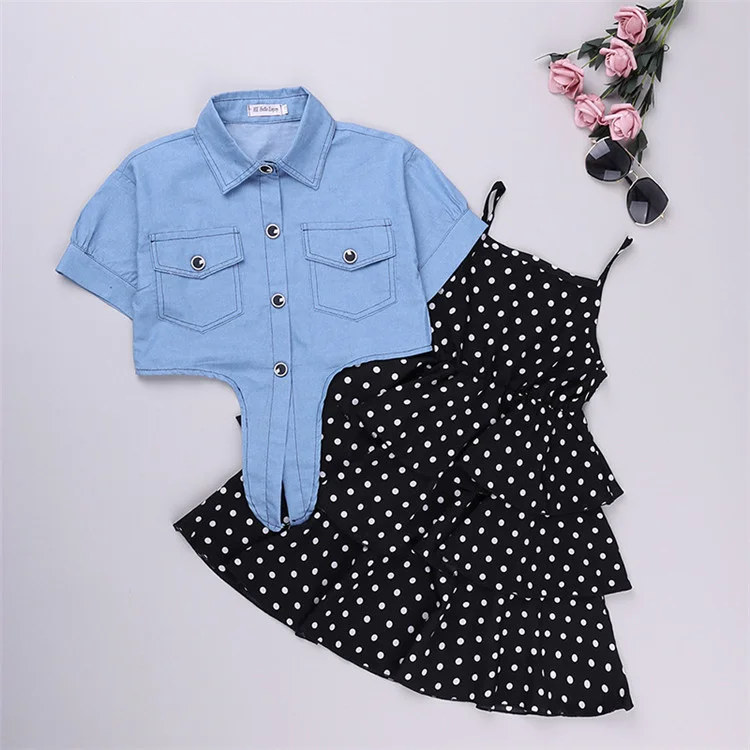 

Summer Baby Girl Two Piece Dress Set Girl Clothing Sets Denim T shirt Top and Ruffle Dress Children's Clothing Sets Boutique, White, black