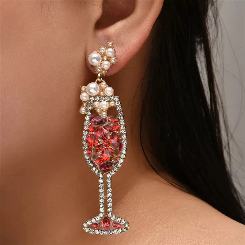 

New products creative and fresh stud gem stone temperament wild pearl jewelry pearl red wine glass women golden earrings, Picture shows