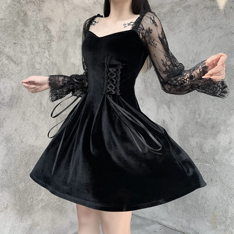 

InsGoth Gothic Lolita Bandage Black Dress Women Vintage Sexy Lace Puff Sleeve Dress Aesthetic Elegant High Waist Party Dresses