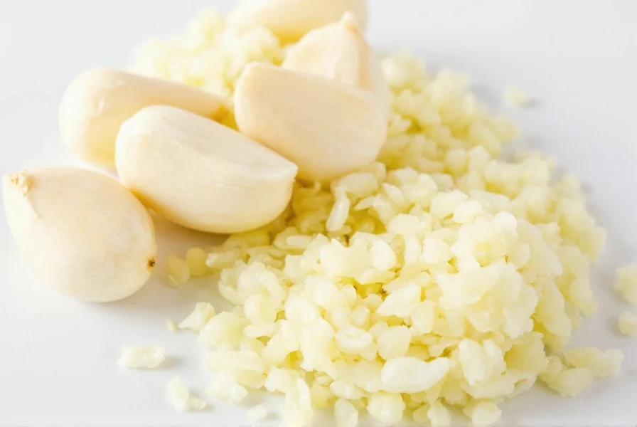 Two medium garlic cloves next to 2 teaspoons of minced garlic for visual comparison