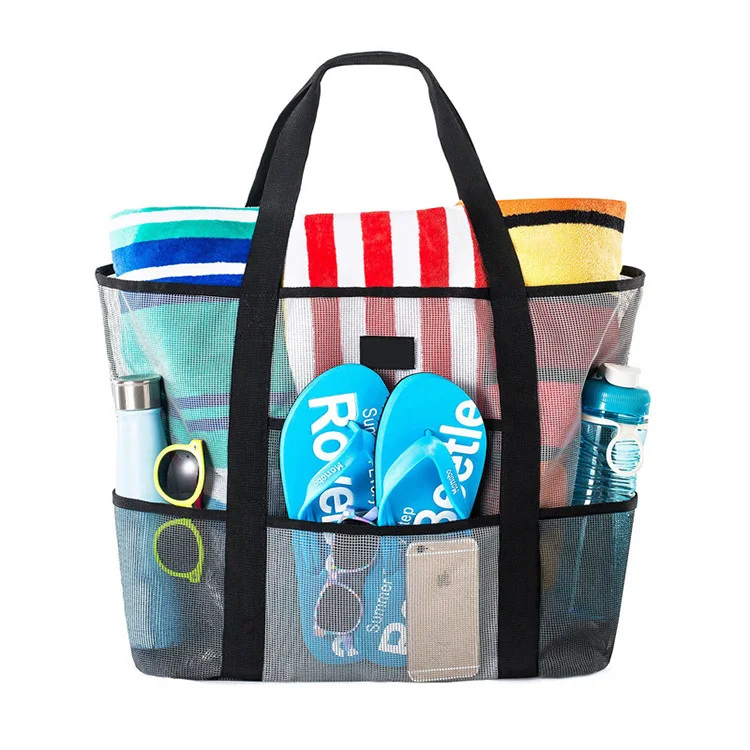 

custom women transparent mesh beach bag big folding reusable tote shopping bag wholesale, Black