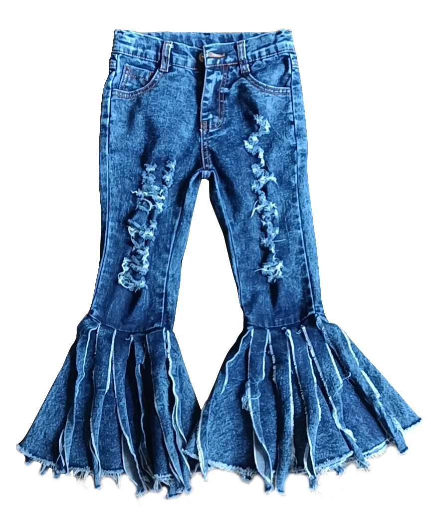 

New Baby Girls Denim Bell Bottom Pants Adjustable Waist Stylish Kids Elastic Jeans With Tassel Wholesale Hot Sale Clothes, As picture shows