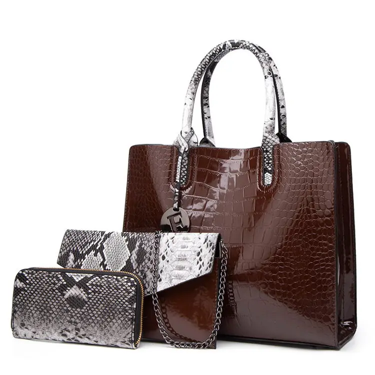 

3 PCS Women Lacquer PU Leather Snake and Alligator Pattern Sac A Main Femma Tote handbag Set Messenger Bags and Clutch Bag Set