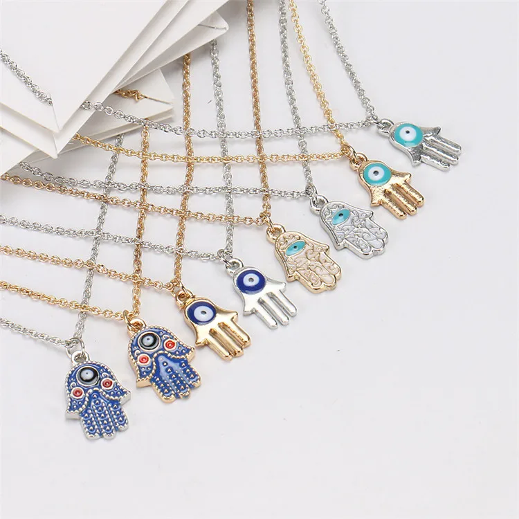 

Cross-border Creative Hand of Fatima Necklace Lucky Eye Necklace Simple European and American Palm Card Necklace, Silver, gold