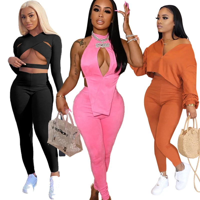 

Custom Fall set Women Casual Bodycon Sexy Outfits 2 Piece Set Women Hollow Out Jogging Suit Two Piece Pant Set Woman Clothing