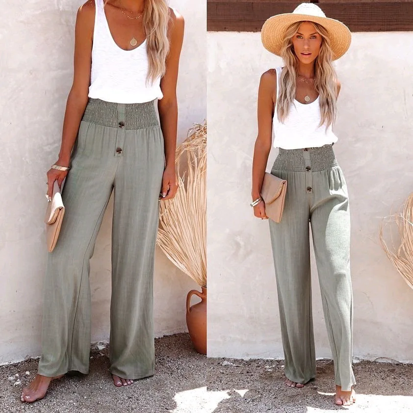 

2022 New Design Elastic High Waist Button Loose Cotton Pants Women Summer Lounge Wear Linen Flare Women's Pants Trousers, Picture color