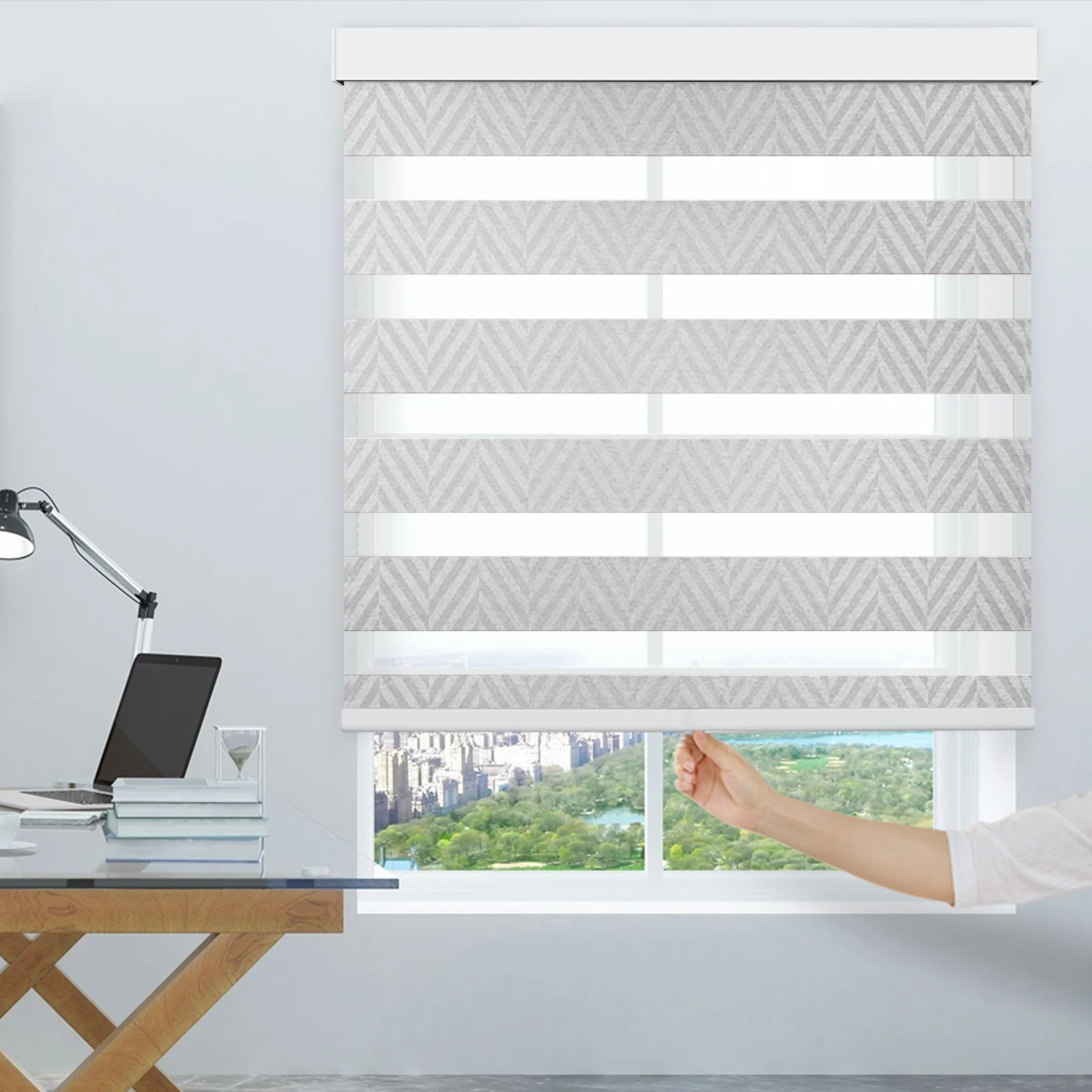 ZSTARR Light Gray Striped Fabric Cordless Safe for Kids and Pets Window Dual-layer Roller Curtains Shades Persianas Zebra Blinds