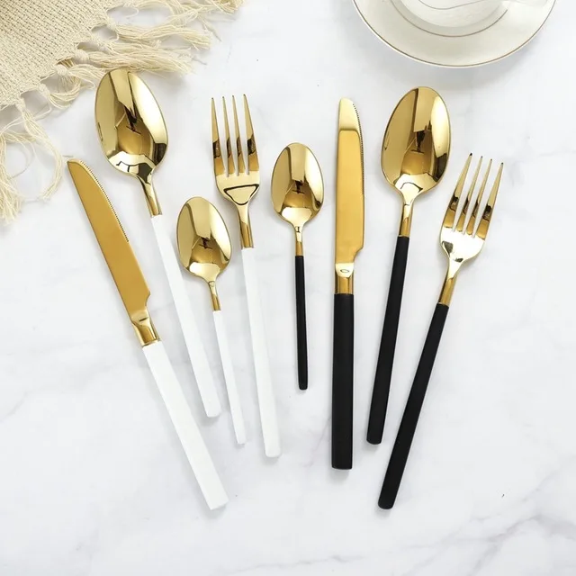 

High quality 4 PCS Flatware 304 Stainless Golden Set Black handle And Gold Cutlery, As pictures