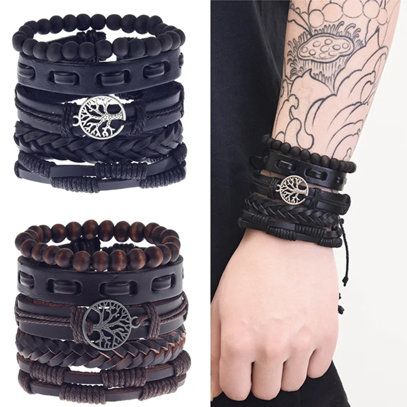 

22 designs Mens Charm Beads Braided Leather Cuff Bracelets Set Multilayer Tree of Life Leather Wrap Bracelet