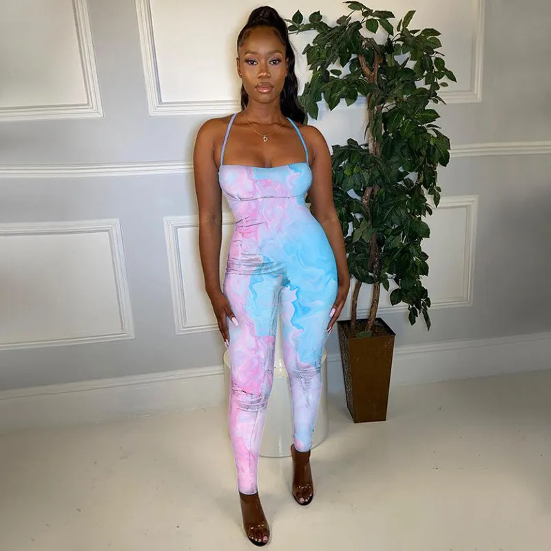 

2021 New sleeveless casual jumpsuit tights tie dye yoga jumpsuit in patchwork colors