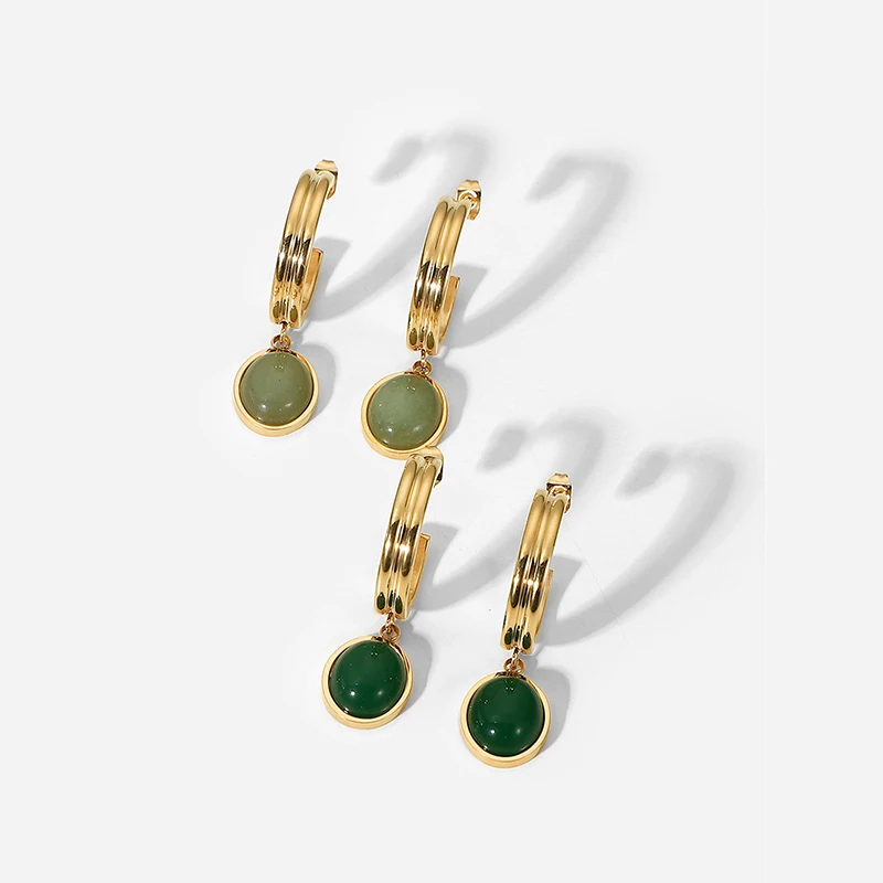 

Vintage Green Jade Jewelry 14K Gold Plated Stainless Steel Waterproof Natural Stone Pendant Hoop Earring for Women