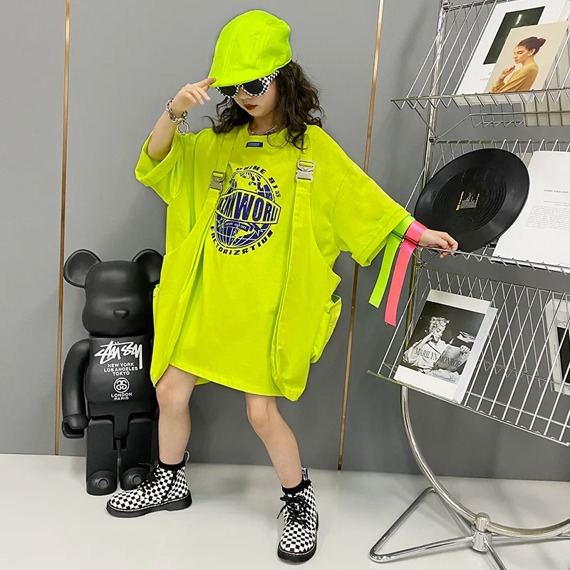 

2021 New Fashion Summer Outfit Set for Big Girl Stylish Neon Green Short Sleeve Shirt + Vest 2 pcs Clothing Set