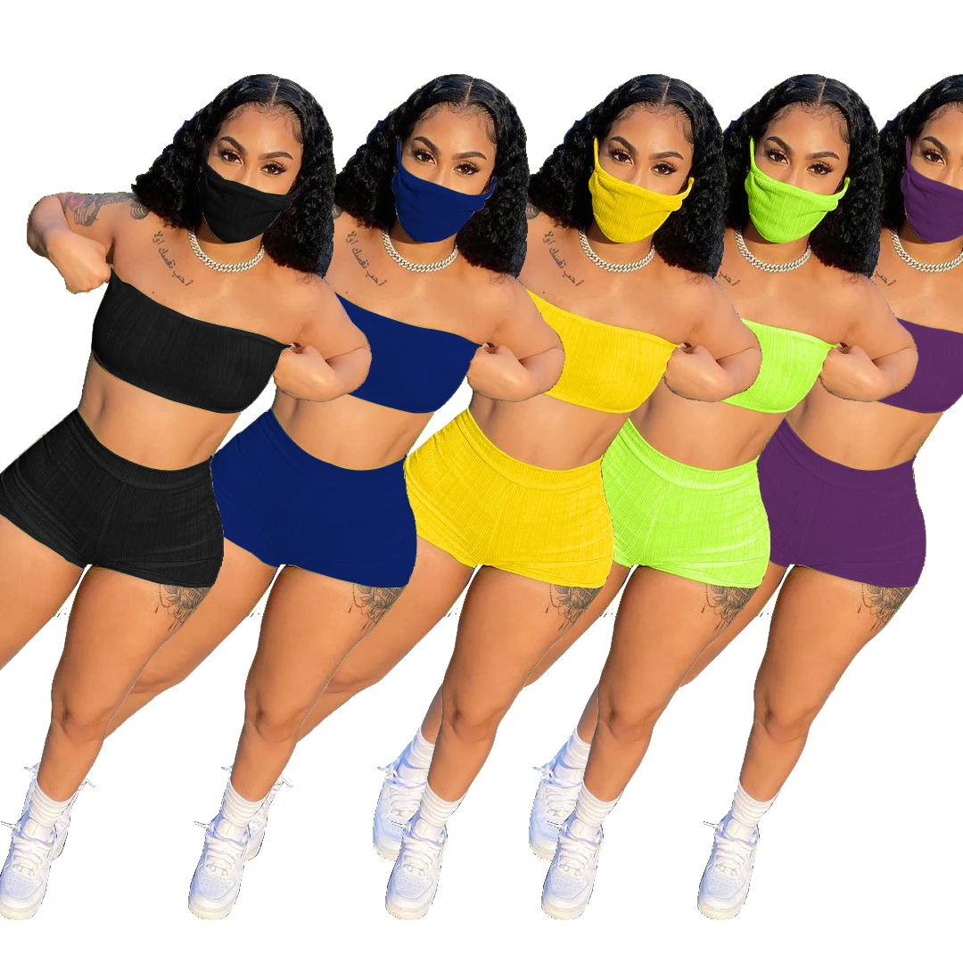 

2021 new arrivals summer plus size casual sport strapless solid color 2 two piece short pants set women clothes outfits clothing, Picture