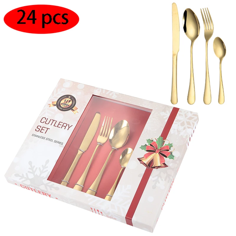 

Amazon hot selling metal flatware knife fork and spoon stainless steel 24pcs gold cutlery set with gift box case wholesale, Customized color