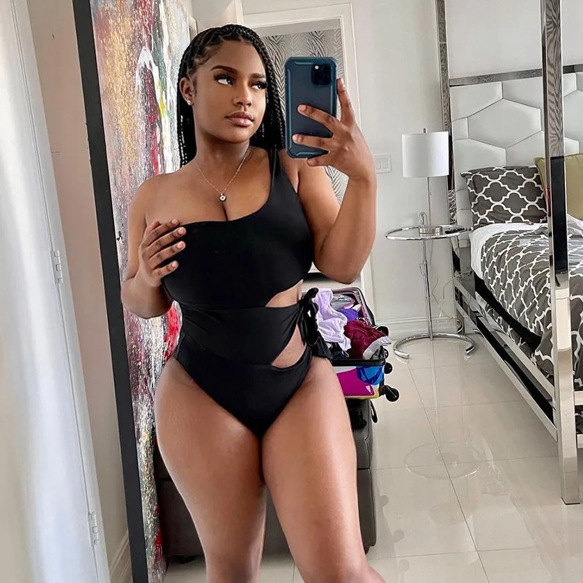 

X03238S 2021 Solid One Shoulder Print Bodysuit Women Sexy Halter Backless panelled One Piece Female Elastic Summer Swimsuit Hot, Red/black