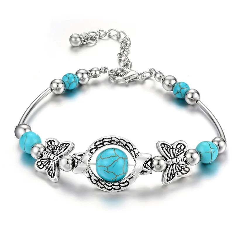 

Vintage Natural Turquoise Silver Chain Bracelet Charm Adjustable Fashion Women Beaded Bracelets Jewelry